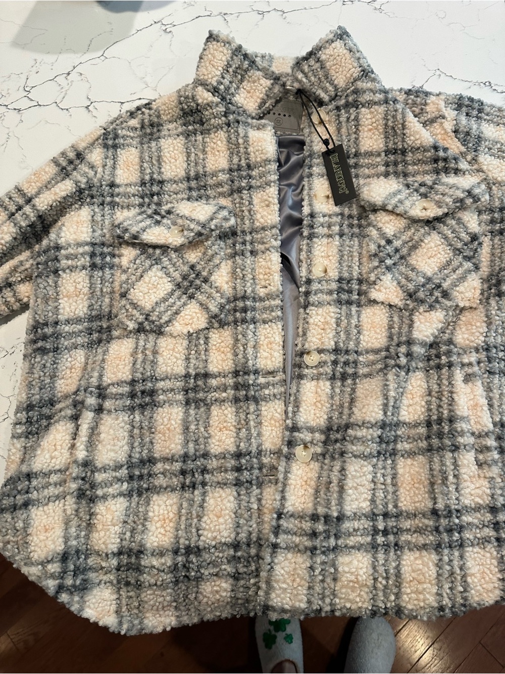 Blank NY Cozy Plaid Sherpa Jacket - Cream & Gray
